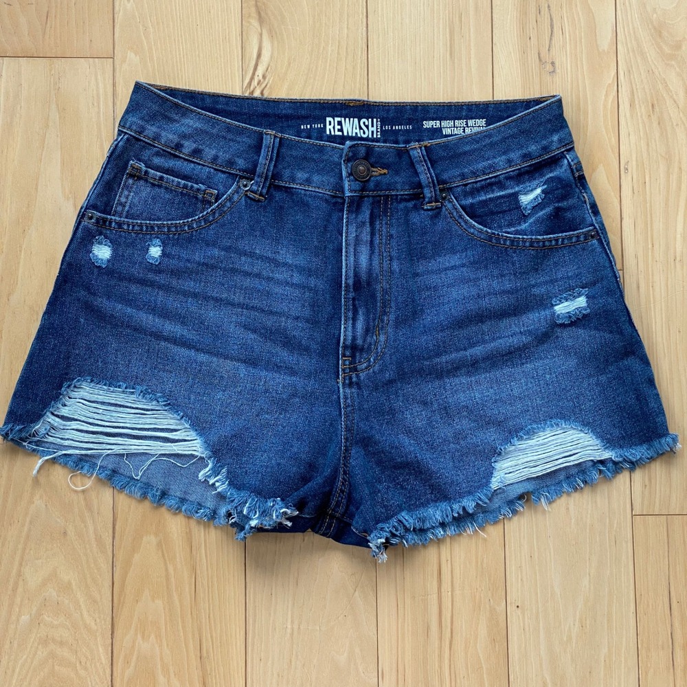 Rewash Dark Wash Super High Rise Wedge Shorts Distressed Cutoff Indie - 7/28